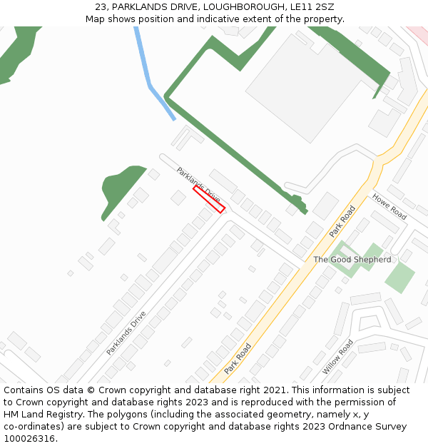 23, PARKLANDS DRIVE, LOUGHBOROUGH, LE11 2SZ: Location map and indicative extent of plot