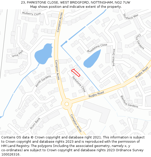 23, PARKSTONE CLOSE, WEST BRIDGFORD, NOTTINGHAM, NG2 7UW: Location map and indicative extent of plot