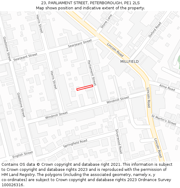 23, PARLIAMENT STREET, PETERBOROUGH, PE1 2LS: Location map and indicative extent of plot