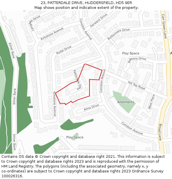 23, PATTERDALE DRIVE, HUDDERSFIELD, HD5 9ER: Location map and indicative extent of plot