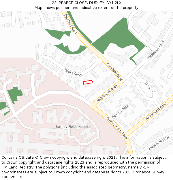 23, PEARCE CLOSE, DUDLEY, DY1 2LX: Location map and indicative extent of plot