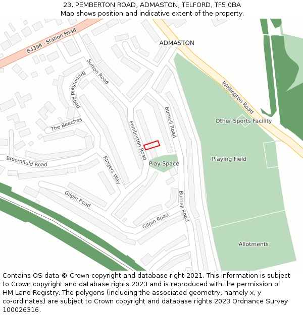 23, PEMBERTON ROAD, ADMASTON, TELFORD, TF5 0BA: Location map and indicative extent of plot