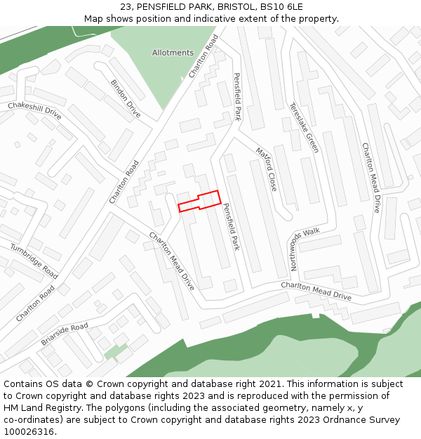 23, PENSFIELD PARK, BRISTOL, BS10 6LE: Location map and indicative extent of plot