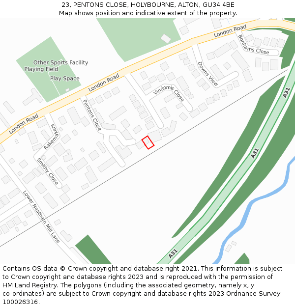 23, PENTONS CLOSE, HOLYBOURNE, ALTON, GU34 4BE: Location map and indicative extent of plot