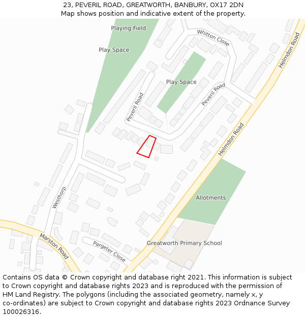 23, PEVERIL ROAD, GREATWORTH, BANBURY, OX17 2DN: Location map and indicative extent of plot