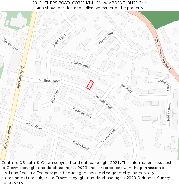 23, PHELIPPS ROAD, CORFE MULLEN, WIMBORNE, BH21 3NN: Location map and indicative extent of plot