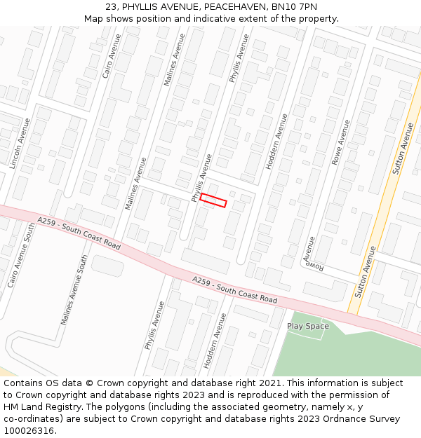 23, PHYLLIS AVENUE, PEACEHAVEN, BN10 7PN: Location map and indicative extent of plot