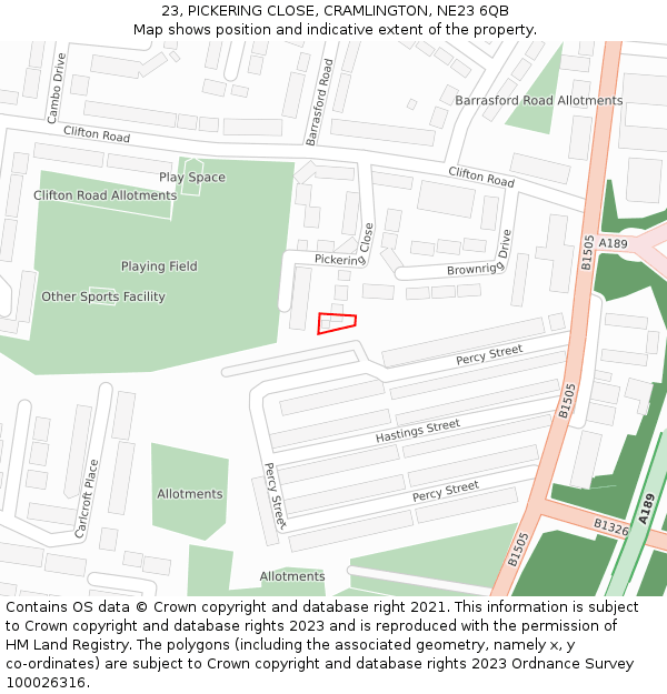 23, PICKERING CLOSE, CRAMLINGTON, NE23 6QB: Location map and indicative extent of plot