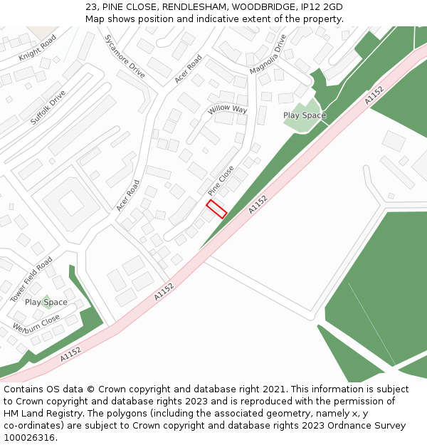 23, PINE CLOSE, RENDLESHAM, WOODBRIDGE, IP12 2GD: Location map and indicative extent of plot