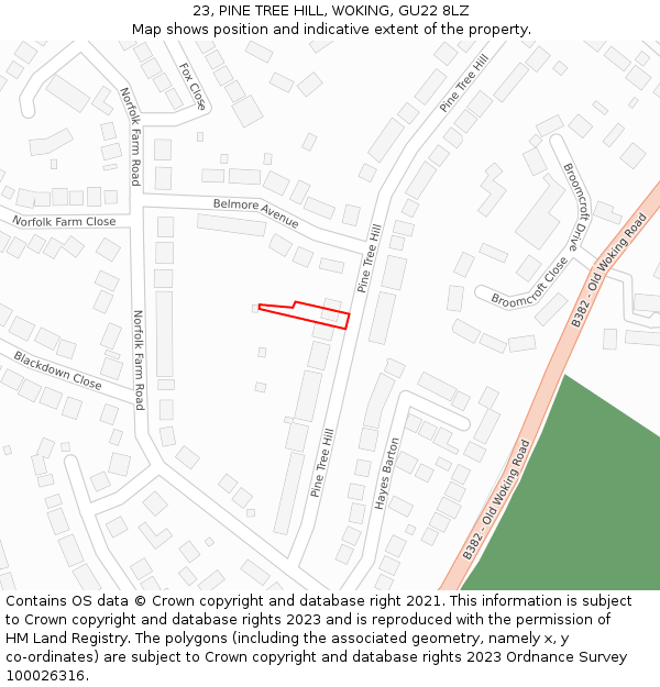 23, PINE TREE HILL, WOKING, GU22 8LZ: Location map and indicative extent of plot