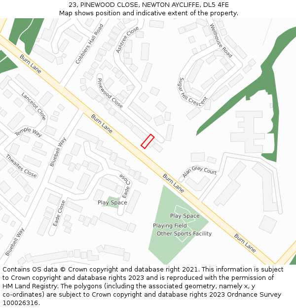 23, PINEWOOD CLOSE, NEWTON AYCLIFFE, DL5 4FE: Location map and indicative extent of plot