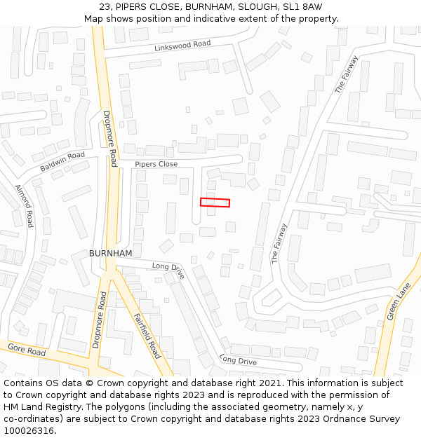 23, PIPERS CLOSE, BURNHAM, SLOUGH, SL1 8AW: Location map and indicative extent of plot