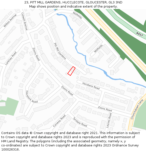 23, PITT MILL GARDENS, HUCCLECOTE, GLOUCESTER, GL3 3ND: Location map and indicative extent of plot