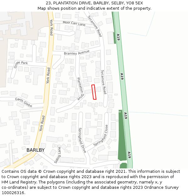 23, PLANTATION DRIVE, BARLBY, SELBY, YO8 5EX: Location map and indicative extent of plot