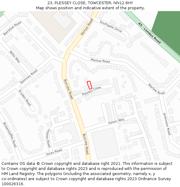 23, PLESSEY CLOSE, TOWCESTER, NN12 6HY: Location map and indicative extent of plot