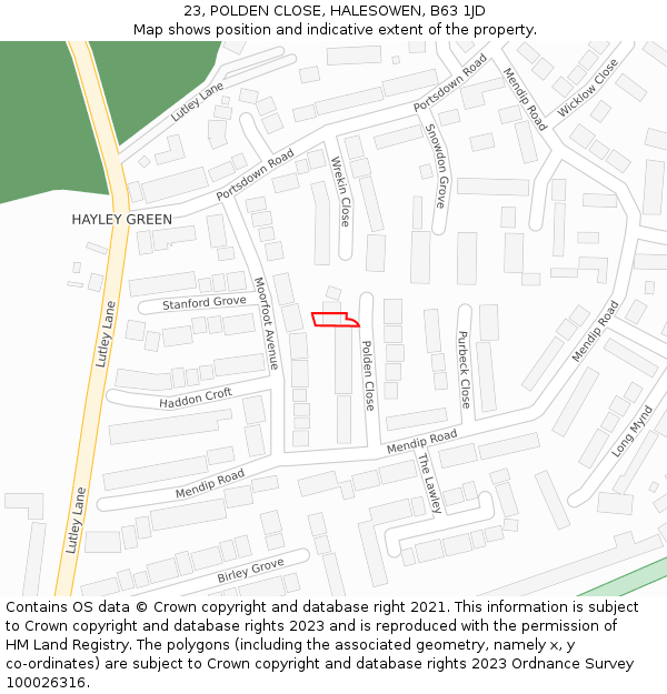 23, POLDEN CLOSE, HALESOWEN, B63 1JD: Location map and indicative extent of plot