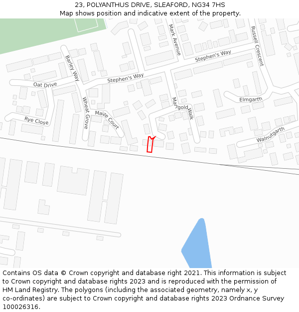 23, POLYANTHUS DRIVE, SLEAFORD, NG34 7HS: Location map and indicative extent of plot