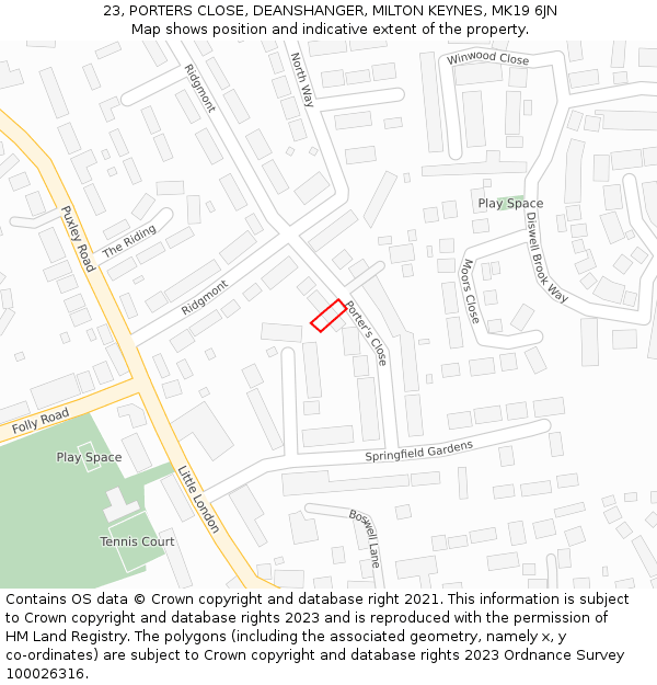 23, PORTERS CLOSE, DEANSHANGER, MILTON KEYNES, MK19 6JN: Location map and indicative extent of plot