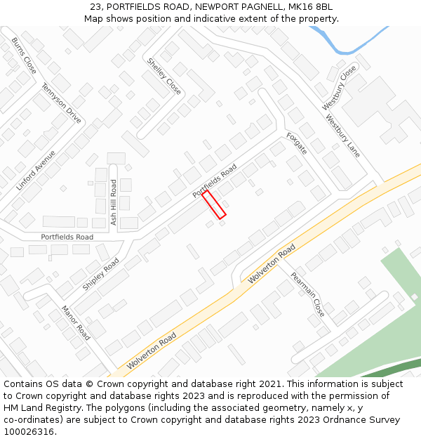 23, PORTFIELDS ROAD, NEWPORT PAGNELL, MK16 8BL: Location map and indicative extent of plot