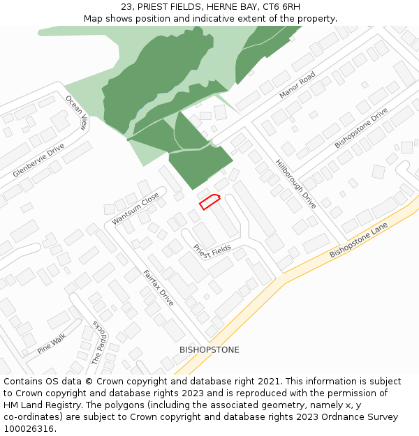 23, PRIEST FIELDS, HERNE BAY, CT6 6RH: Location map and indicative extent of plot