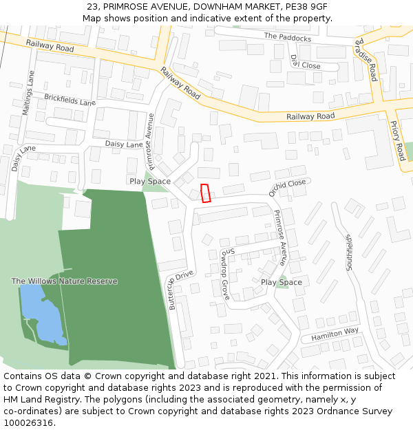 23, PRIMROSE AVENUE, DOWNHAM MARKET, PE38 9GF: Location map and indicative extent of plot