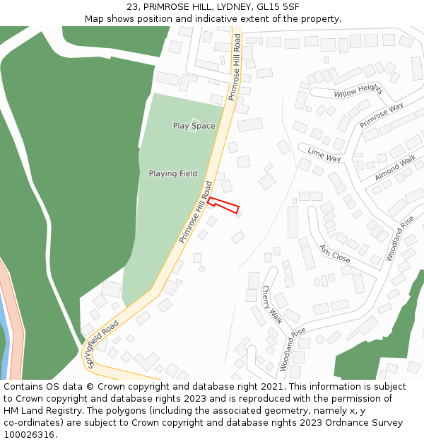 23, PRIMROSE HILL, LYDNEY, GL15 5SF: Location map and indicative extent of plot