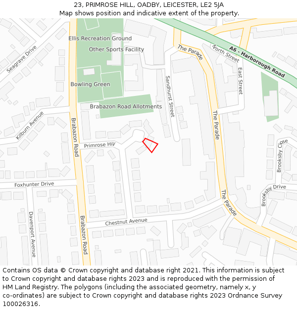 23, PRIMROSE HILL, OADBY, LEICESTER, LE2 5JA: Location map and indicative extent of plot