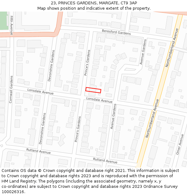 23, PRINCES GARDENS, MARGATE, CT9 3AP: Location map and indicative extent of plot