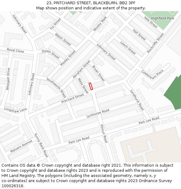 23, PRITCHARD STREET, BLACKBURN, BB2 3PF: Location map and indicative extent of plot