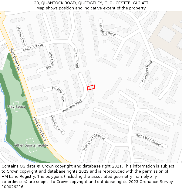 23, QUANTOCK ROAD, QUEDGELEY, GLOUCESTER, GL2 4TT: Location map and indicative extent of plot