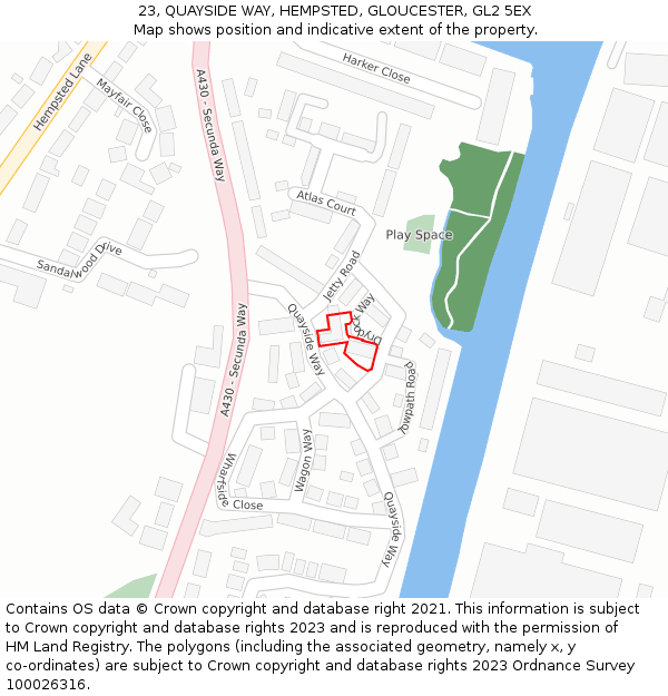 23, QUAYSIDE WAY, HEMPSTED, GLOUCESTER, GL2 5EX: Location map and indicative extent of plot
