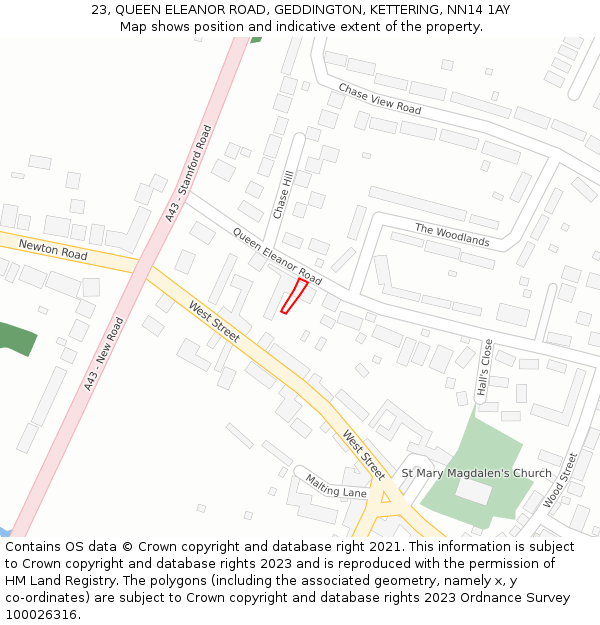 23, QUEEN ELEANOR ROAD, GEDDINGTON, KETTERING, NN14 1AY: Location map and indicative extent of plot