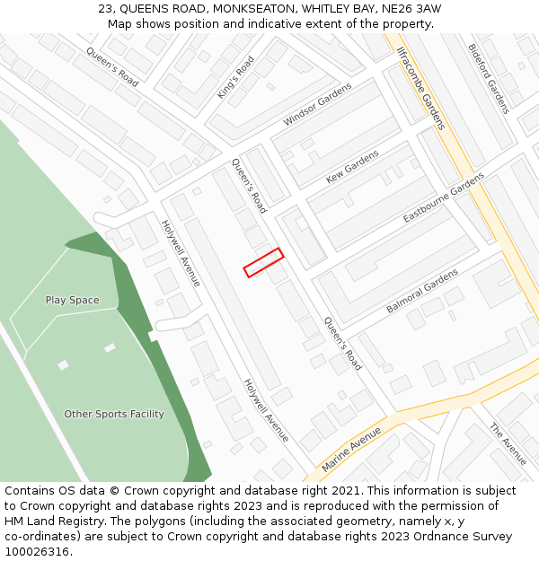 23, QUEENS ROAD, MONKSEATON, WHITLEY BAY, NE26 3AW: Location map and indicative extent of plot