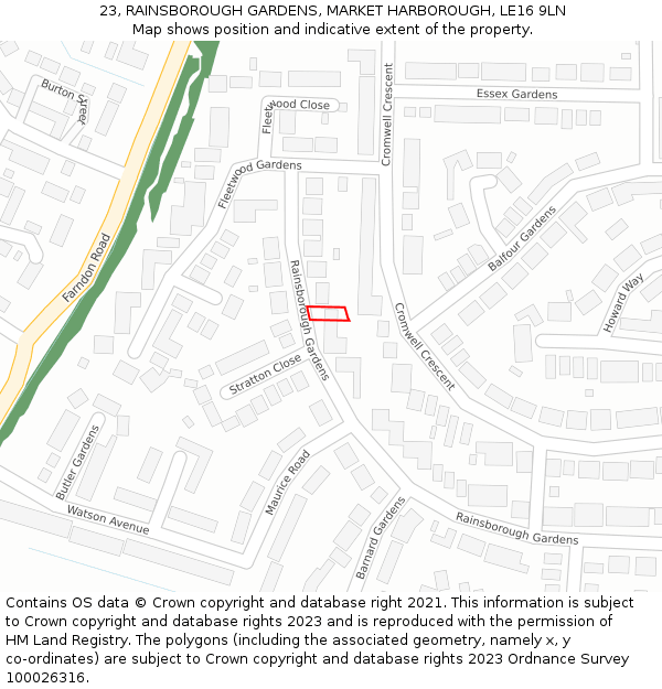 23, RAINSBOROUGH GARDENS, MARKET HARBOROUGH, LE16 9LN: Location map and indicative extent of plot