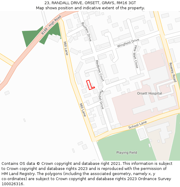 23, RANDALL DRIVE, ORSETT, GRAYS, RM16 3GT: Location map and indicative extent of plot