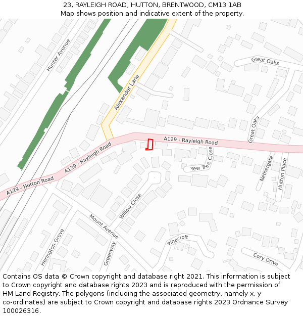 23, RAYLEIGH ROAD, HUTTON, BRENTWOOD, CM13 1AB: Location map and indicative extent of plot