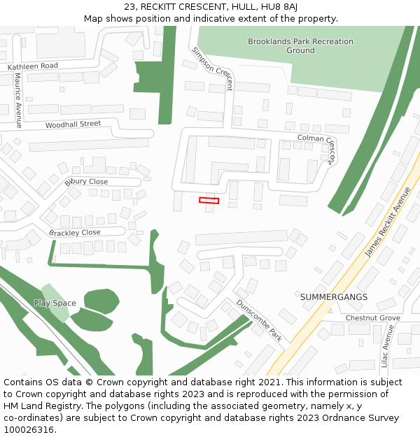 23, RECKITT CRESCENT, HULL, HU8 8AJ: Location map and indicative extent of plot