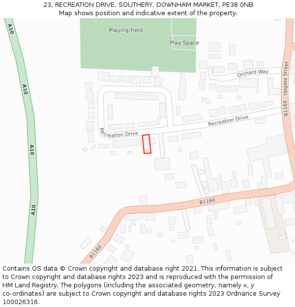 23, RECREATION DRIVE, SOUTHERY, DOWNHAM MARKET, PE38 0NB: Location map and indicative extent of plot