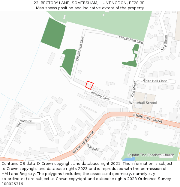 23, RECTORY LANE, SOMERSHAM, HUNTINGDON, PE28 3EL: Location map and indicative extent of plot