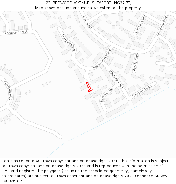 23, REDWOOD AVENUE, SLEAFORD, NG34 7TJ: Location map and indicative extent of plot