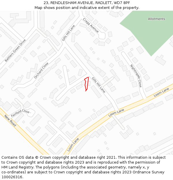 23, RENDLESHAM AVENUE, RADLETT, WD7 8PF: Location map and indicative extent of plot