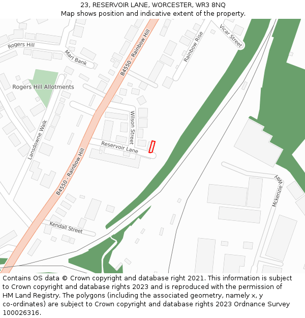 23, RESERVOIR LANE, WORCESTER, WR3 8NQ: Location map and indicative extent of plot