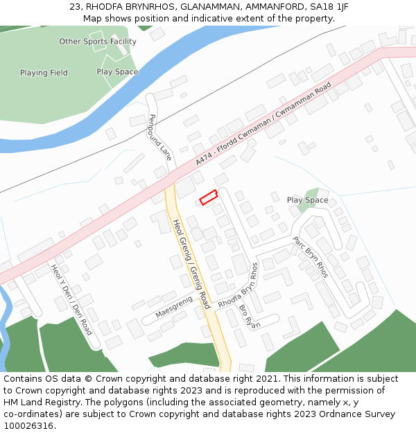 23, RHODFA BRYNRHOS, GLANAMMAN, AMMANFORD, SA18 1JF: Location map and indicative extent of plot