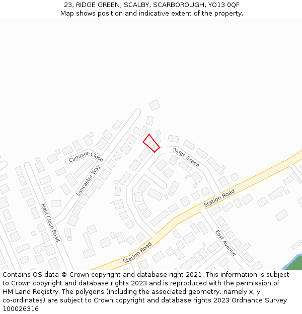 23, RIDGE GREEN, SCALBY, SCARBOROUGH, YO13 0QF: Location map and indicative extent of plot