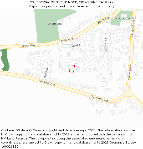 23, RIDGWAY, WEST CHINNOCK, CREWKERNE, TA18 7PY: Location map and indicative extent of plot