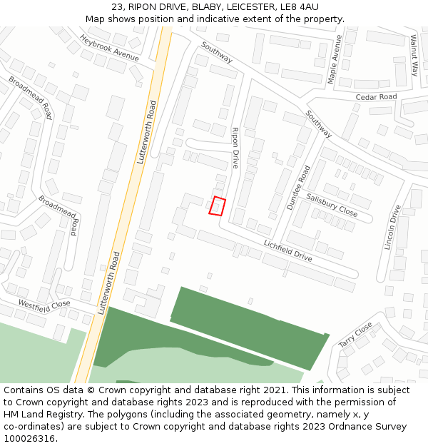 23, RIPON DRIVE, BLABY, LEICESTER, LE8 4AU: Location map and indicative extent of plot