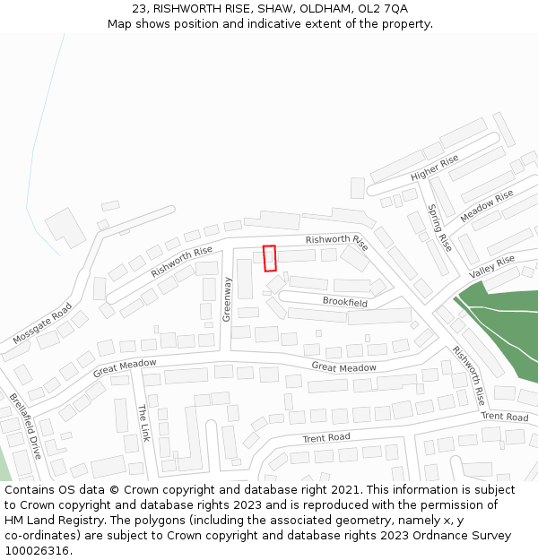 23, RISHWORTH RISE, SHAW, OLDHAM, OL2 7QA: Location map and indicative extent of plot