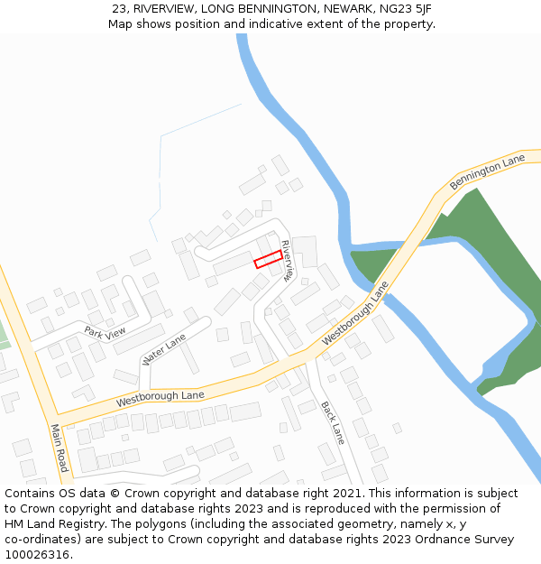 23, RIVERVIEW, LONG BENNINGTON, NEWARK, NG23 5JF: Location map and indicative extent of plot