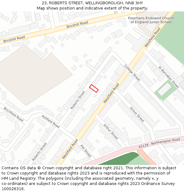 23, ROBERTS STREET, WELLINGBOROUGH, NN8 3HY: Location map and indicative extent of plot