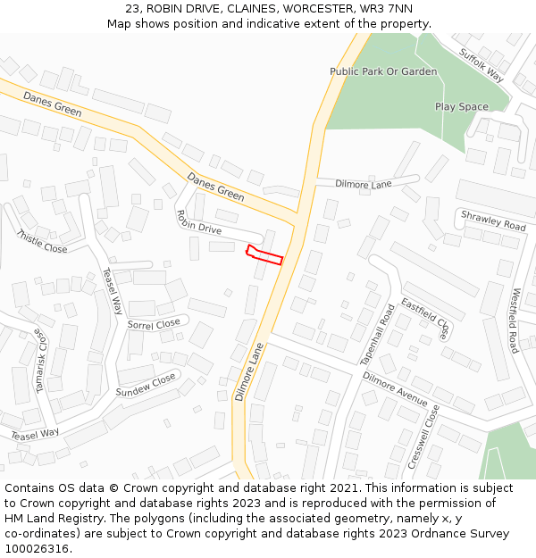 23, ROBIN DRIVE, CLAINES, WORCESTER, WR3 7NN: Location map and indicative extent of plot